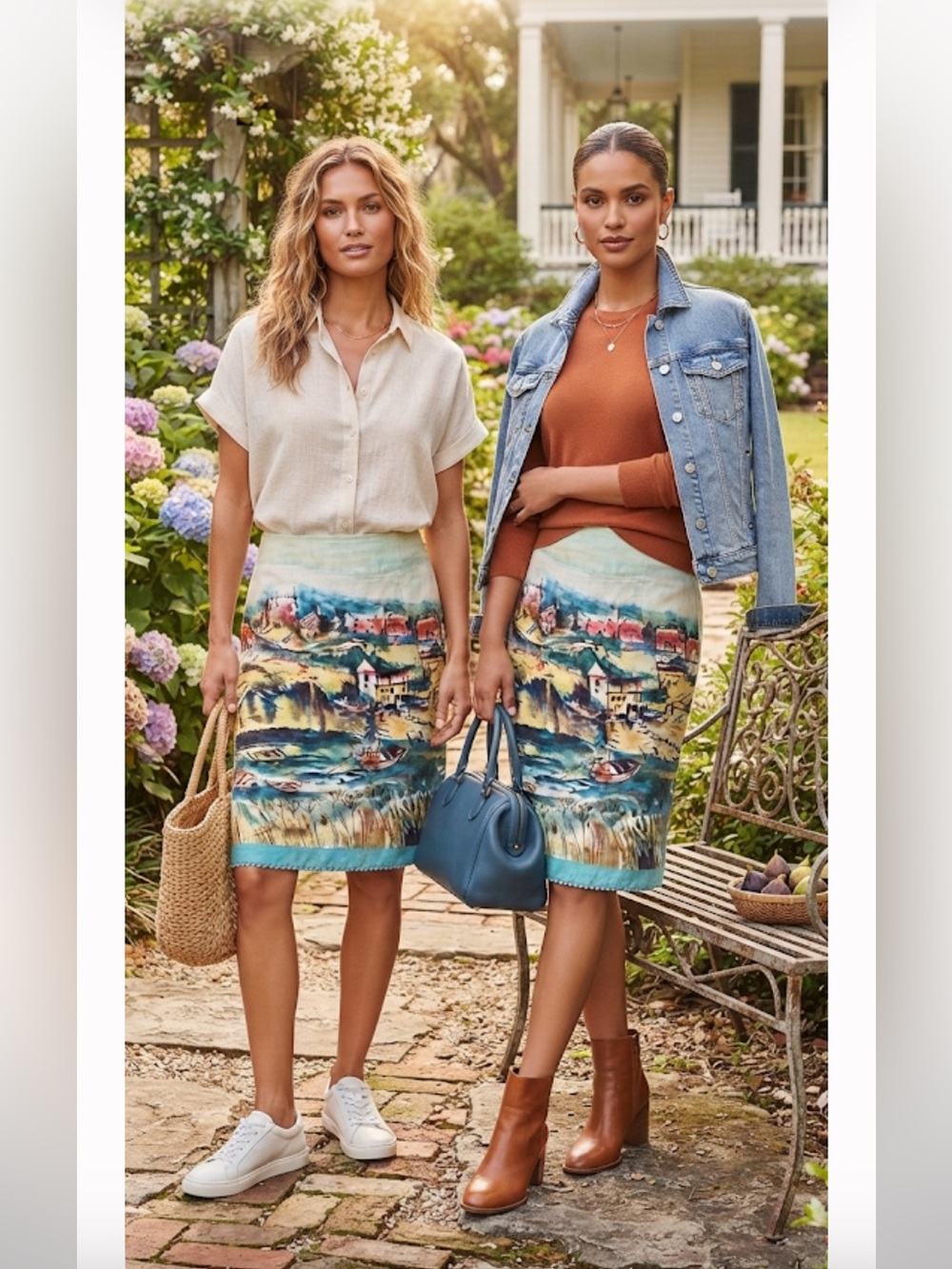 !NYC Design Co Petite Scenic Riviera Midi Skirt Cotton  Blend A-Line 8P Coastal